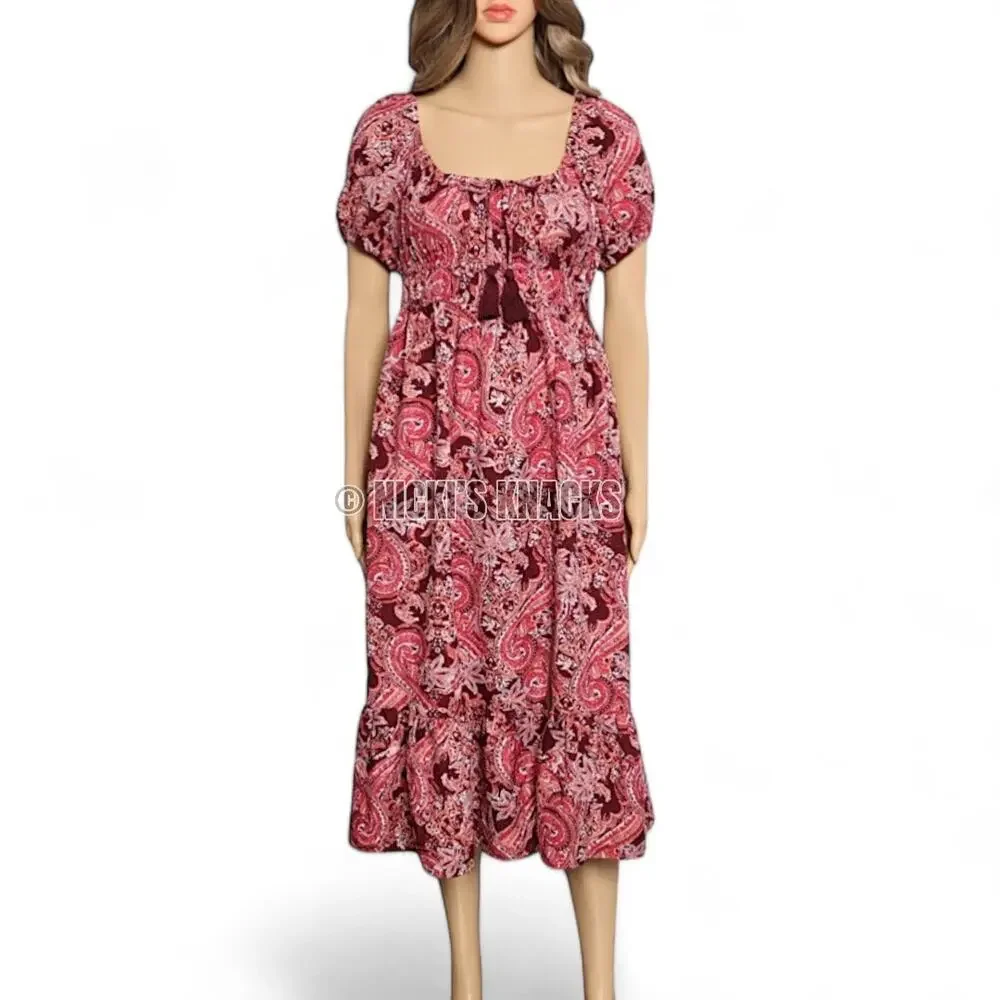 BOG Collective Midi Dress Cottagecore Burgundy Puff Sleeve Boho Prairie Size S - Picture 2 of 10